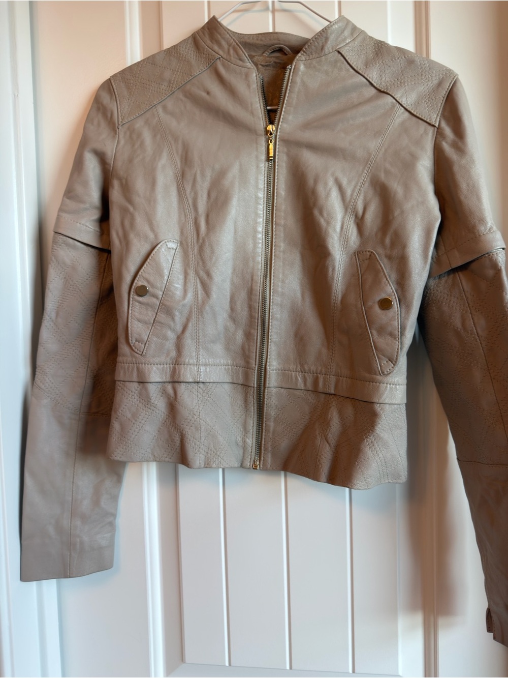 Women's Taupe Leather Zip Jacket with Snap-Pocket Detail